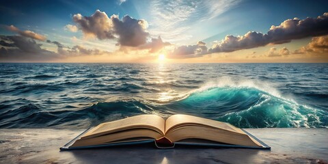 Sci Fi open book with water coming out on the ocean aerial view