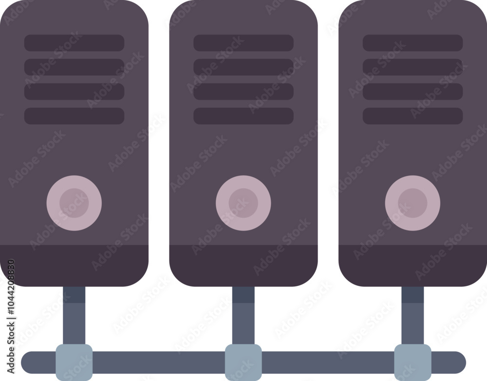 Poster server rack icon in flat style showing three servers connected to a network, representing data stora