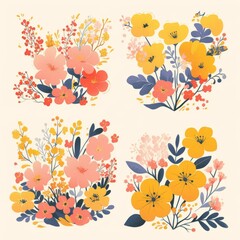 Vibrant floral illustrations featuring pink and yellow flowers in a whimsical style.