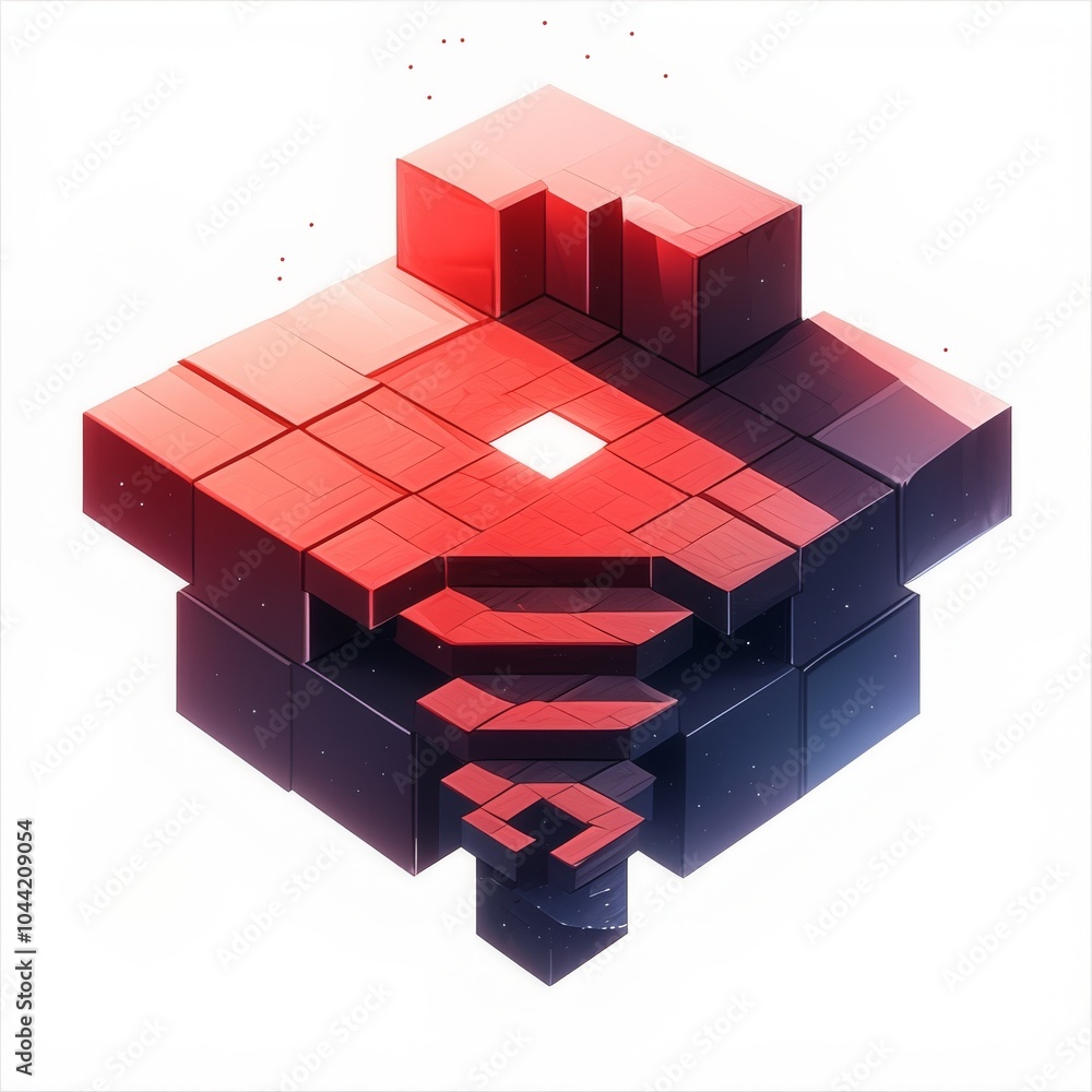Poster an abstract geometric design featuring a red and black cube structure with a central opening and lay