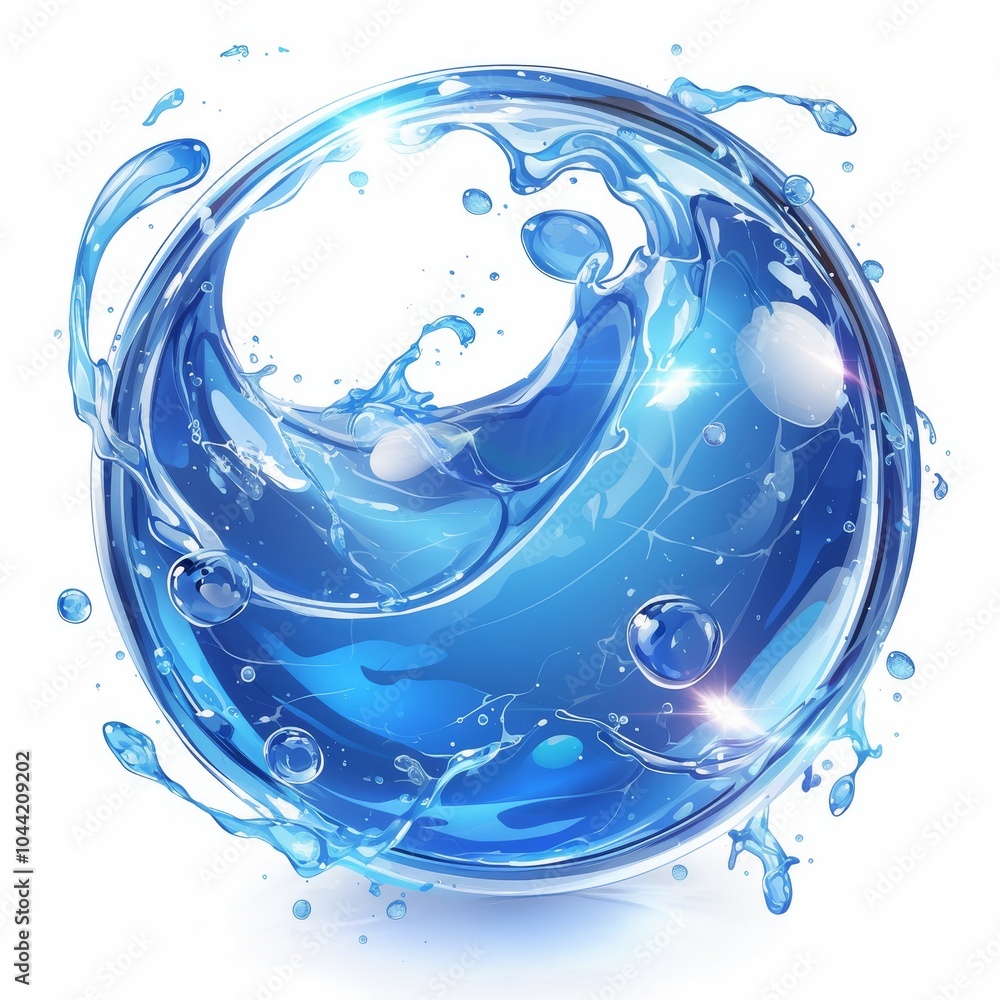 Poster a vibrant splash of blue water encapsulated in a circular shape, showcasing dynamic movement and ene