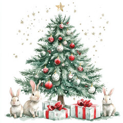 A beautifully decorated Christmas tree with sparkling ornaments and gifts underneath, surrounded by cute bunnies. Handdrawn watercolor illustration on an isolated white background, perfect for a