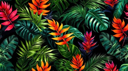 Tropical Plant Pattern, Black Background, Seamless, Bright Colors, Exotic Leaves
