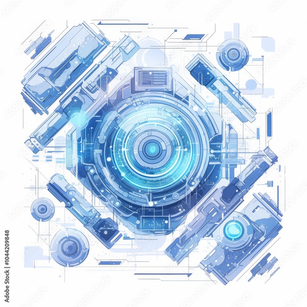 Poster futuristic tech design featuring blue digital elements and geometric shapes, creating a dynamic visu