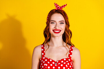 Naklejka premium Photo of charming lovely adorable lady wear red dress isolated on vivid yellow background