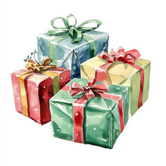Obraz premium A charming watercolor scene of beautifully wrapped Christmas presents in traditional holiday colors, sitting on an isolated white background. The handpainted illustration is perfect for Christmas