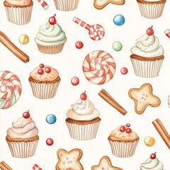 A delightful watercolor pattern of Christmas gingerbread cookies, cupcakes decorated with candy, and cinnamon sticks. The seamless New Year design brings holiday warmth and sweetness, ideal for