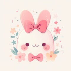 Cute cartoon bunny with a pink bow surrounded by pastel flowers, radiating a cheerful and playful vibe.