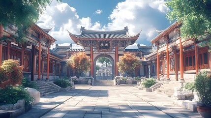 Naklejka premium Ancient pagoda path traditional chinese garden architecture scenic picture