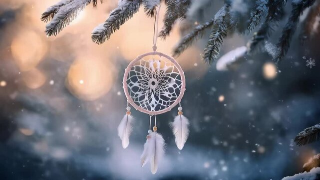 Handmade wiccan amulet hanging on fir tree in winter snowy forest. Magic dream catcher made of wood and feathers. Imbolc sabbath, Yule, Yalda, Pagan holiday ritual concept