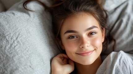 Smiling Young Woman Relaxing on Soft Pillow