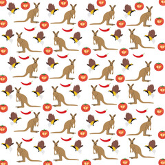 kangaroo, bird of paradise with fruit as a pattern background