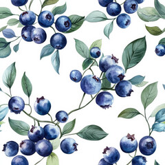 A seamless pattern with ripe blueberries and delicate leaves, botanical watercolor illustration. The vibrant blue berries are scattered across a clean white background, creating a fresh, modern design