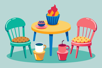 Coffee time. Illustration of isolated colorful chairs with coffee and pieces of cake