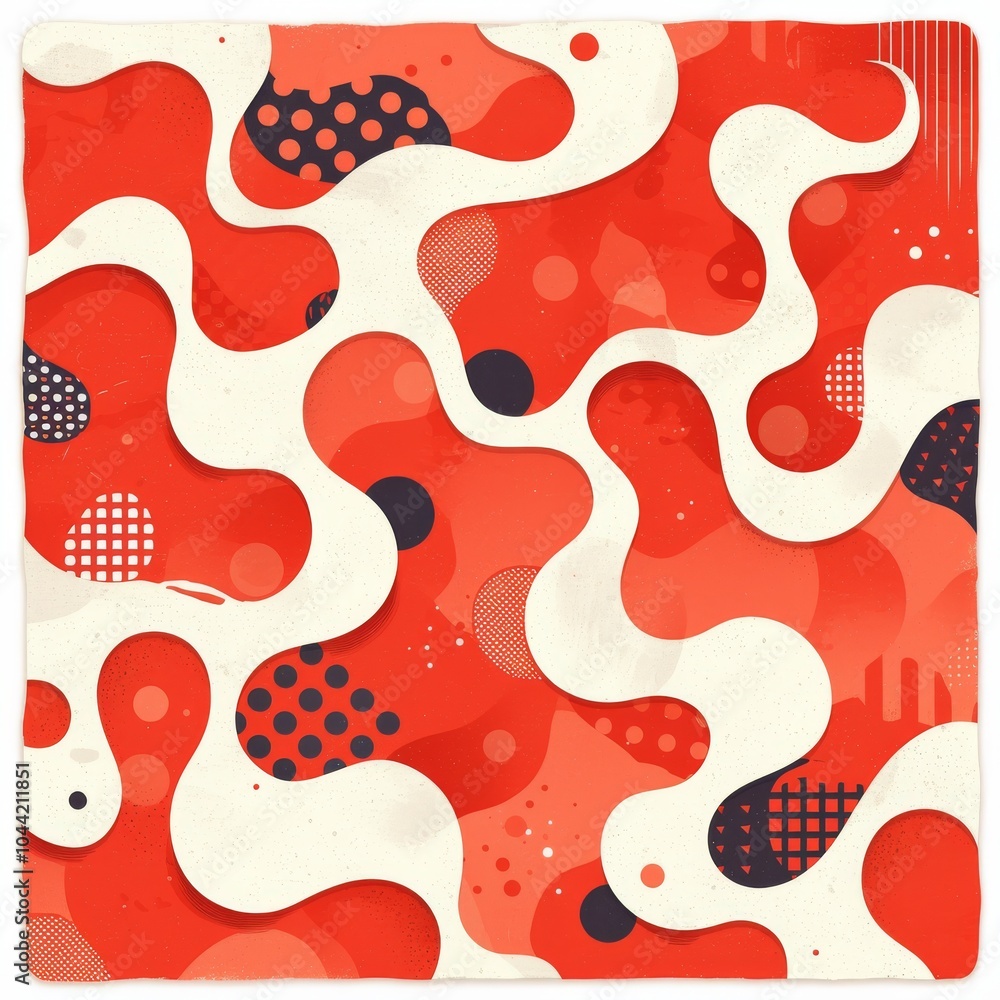Poster abstract red and white graphic design featuring dynamic shapes and patterns.
