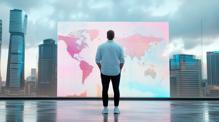 Entrepreneur analyzing global market trends with virtual world map interface