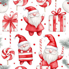 A seamless New Year pattern featuring watercolor Christmas gnomes, red and white striped lollipops, and beautifully wrapped presents. The playful, holidaythemed elements are perfect for creating