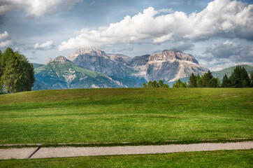 Fototapeta premium Panoramic view of Langkofel and Sella groups, Dolomites, Italy