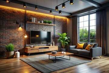 Modern Loft Style Living Room with LED TV on Stand Against Black Wall