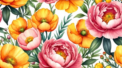 Watercolor Floral Wreath with Peonies, Iceland Poppies, and Yellow Flowers - Spring & Summer Garden Design