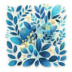 Vibrant blue foliage with delicate yellow accents creates a serene botanical illustration.