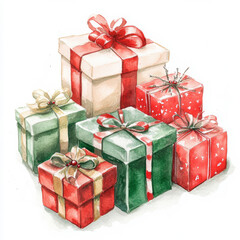 Obraz premium A charming watercolor scene of beautifully wrapped Christmas presents in traditional holiday colors, sitting on an isolated white background. The handpainted illustration is perfect for Christmas