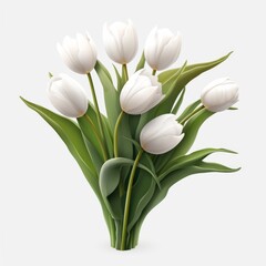 Fototapeta premium A beautiful bouquet of white tulips with vibrant green leaves, symbolizing purity and elegance.