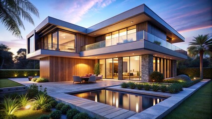 Fototapeta premium Modern Villa at Night - Architectural Exterior Design Inspiration for Designers and Architects