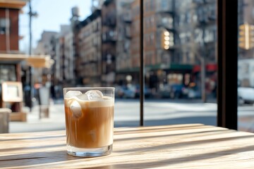 A Iced Caramel Macchiato Served in a Sleek Modern Caf&eacute; With Large Glass Windows and a Bustling City Street View, Beverage Photography, Drinks Menu Style Photo Image