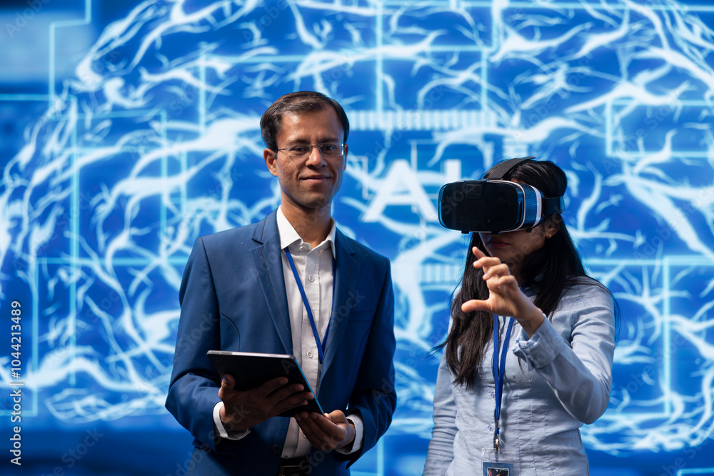 Aufkleber researchers doing virtual reality demonstration at ai convention gathering tech startups and academi