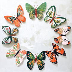 Obraz premium Acrylic painting of abstract butterflies forming a delicate circle on a white background. Each butterfly features intricate, colorful patterns in shades of green, orange, and pink, resulting in a