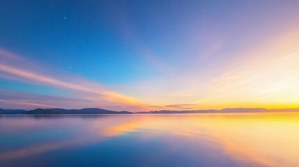 Fototapeta premium Serene Sunrise Over Calm Lake with Pastel Sky Reflections. Tranquil Morning Horizon Capturing Soft Colors of Dawn.