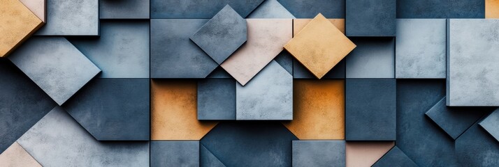 A striking geometric abstraction showcases overlapping squares and rhombuses in shades of blue and gold, creating visual depth and interest. Generative AI