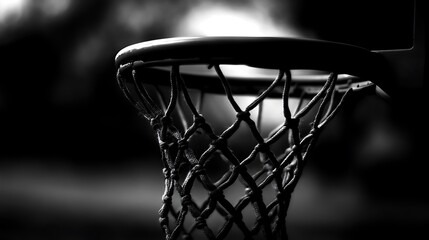 A black and white close-up of a basketball hoop with a net. © milenialdesastudio