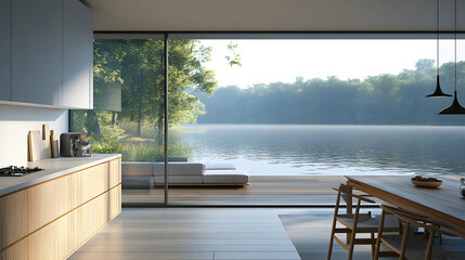 Modern minimalist kitchen with lake view