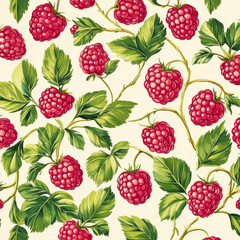 A delightful seamless pattern featuring handpainted raspberries in shades of red and pink, surrounded by green leaves. This sweet design captures the essence of summer and is ideal for kitchen