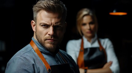 A male chef in a blue shirt and leather apron stares intently at the camera, while a female chef with arms crossed stands behind him in a blurred background.