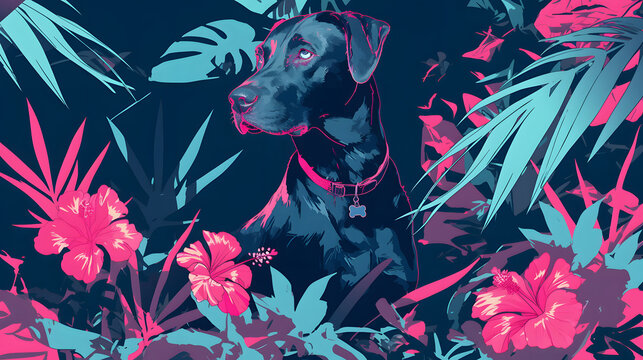 Dog in flowers vintage illustration