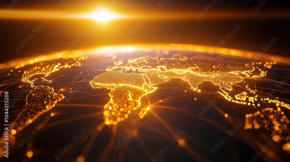 Poster 3d world map with lines representing global trade, connecting continents with bright, glowing paths 