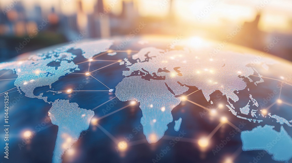 Poster 3d world map with lines representing global trade, connecting continents with bright, glowing paths 