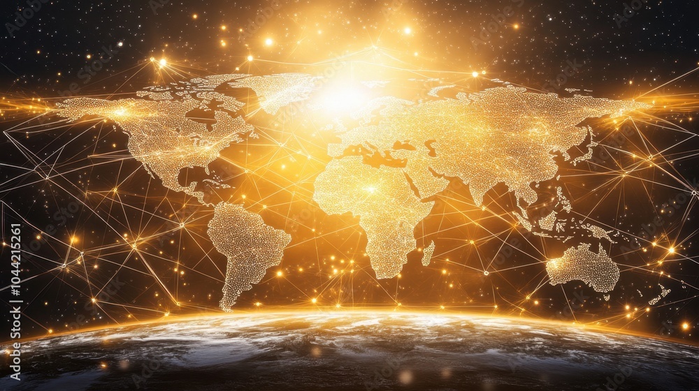 Poster 3d world map with lines representing global trade, connecting continents with bright, glowing paths 