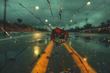 Cracks on Windshield from Flying Stone on Empty Freeway