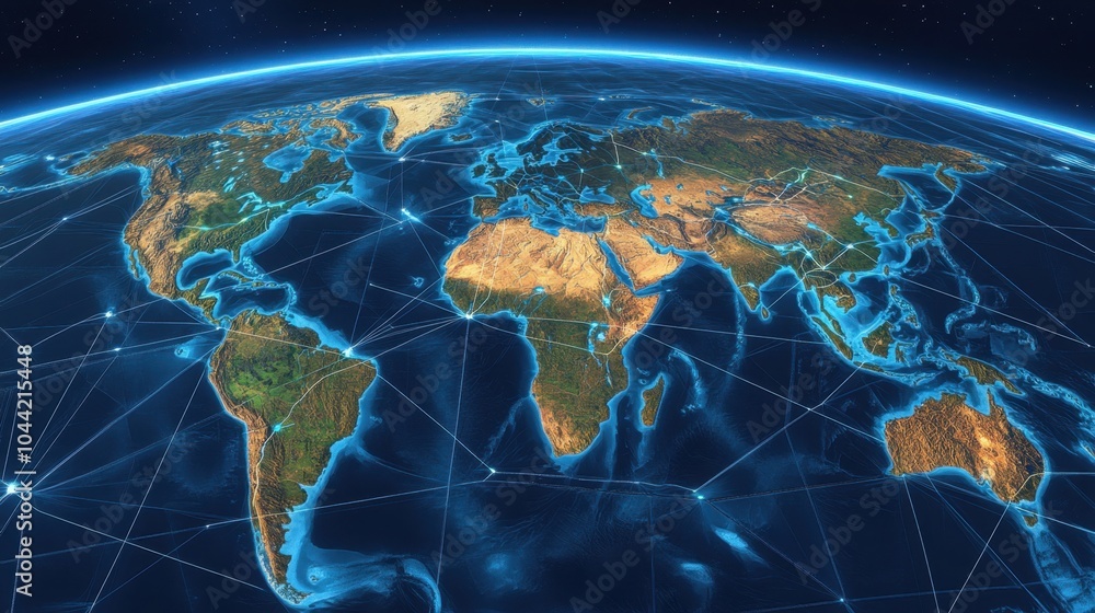 Poster a 3d-rendered world map with lines linking key financial centers and trade routes across continents.