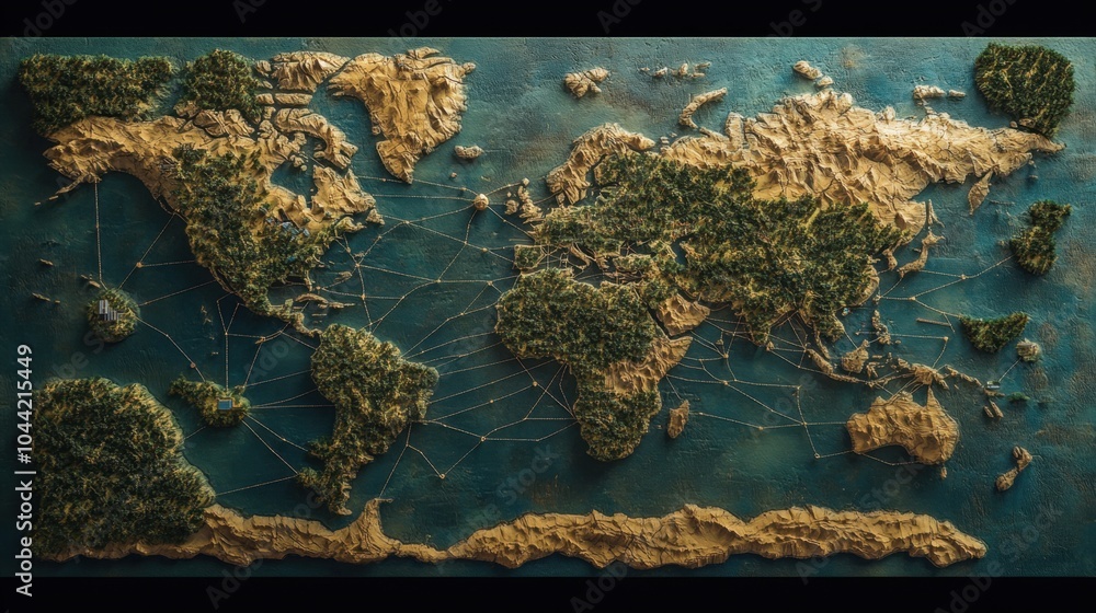 Poster a 3d-rendered world map with lines linking key financial centers and trade routes across continents.