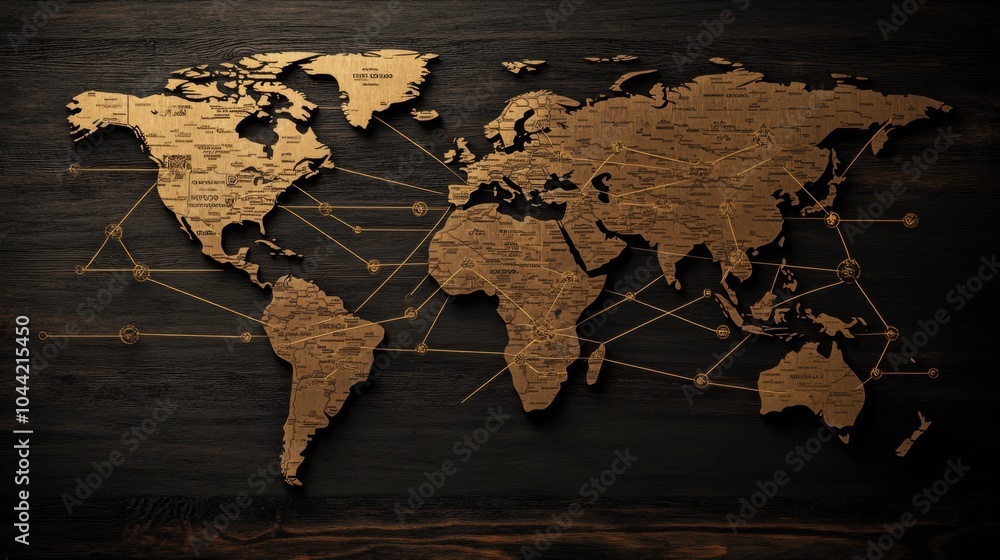 Poster a 3d-rendered world map with lines linking key financial centers and trade routes across continents.