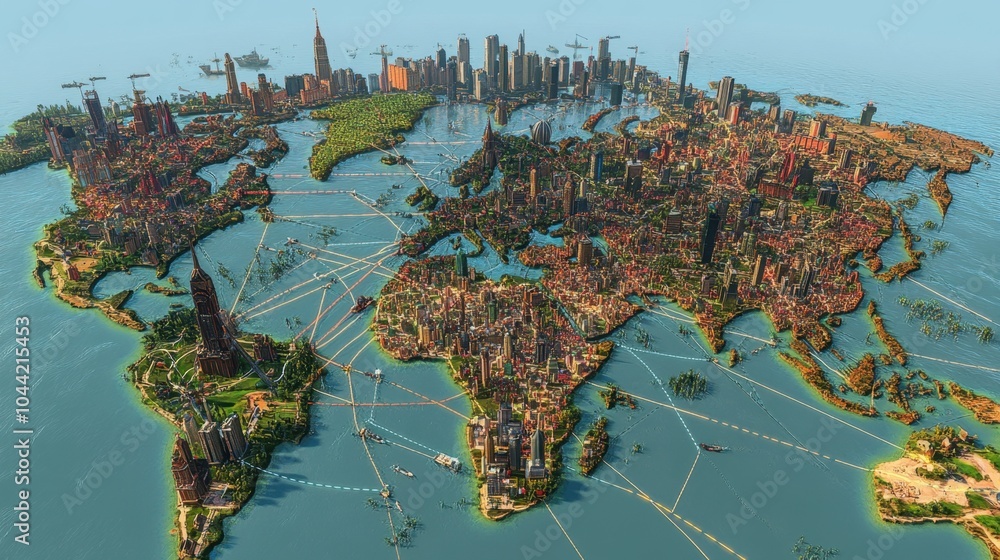 Poster a 3d-rendered world map with lines linking key financial centers and trade routes across continents.