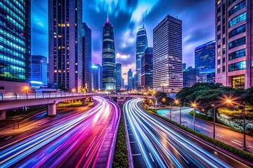 Fototapeta premium Night Photography of a Cityscape with Wipe Technique for Stunning Light Trails and Vibrant Colors