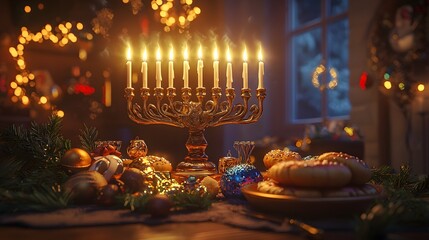 Hanukkah feast with glowing candles, latkes and jelly-filled sufganiyot. Celebration of Jewish customs and Festival of Lights