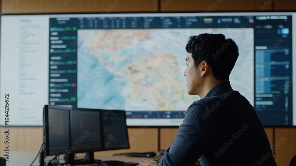 Poster a command center with a giant screen tracking global logistics, showing live vehicle movements and c