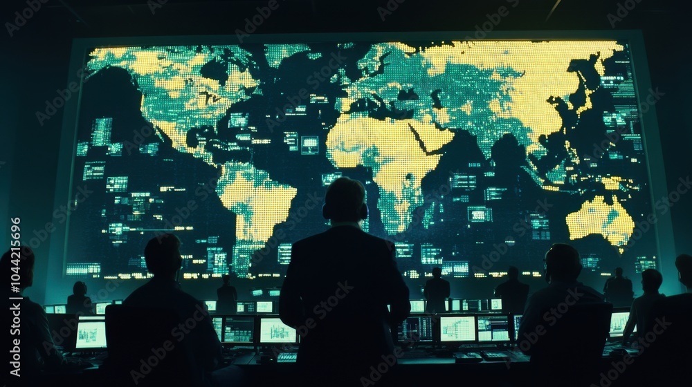 Poster a command center with a giant screen tracking global logistics, showing live vehicle movements and c
